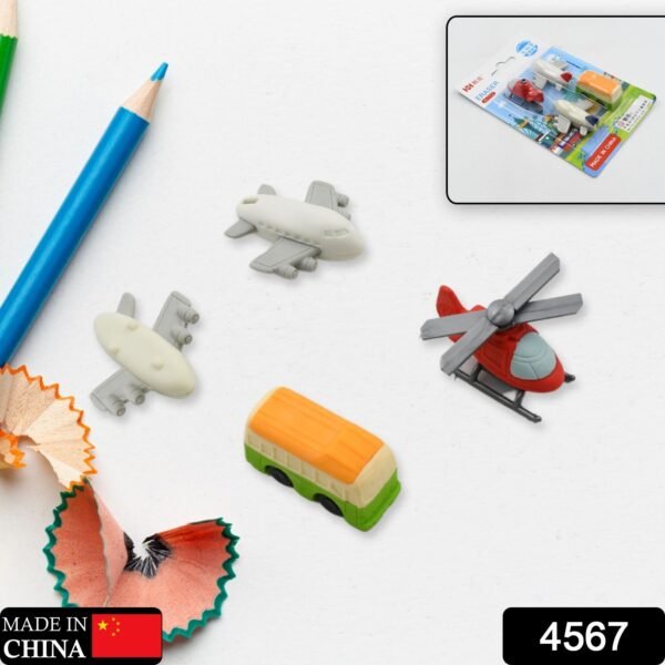 6c73935c-cf30-4ad2-b20c-6d7e01ced56d.jpg Vehicle Pattern Eraser School Stationery Use Eraser (4 Pc Set)