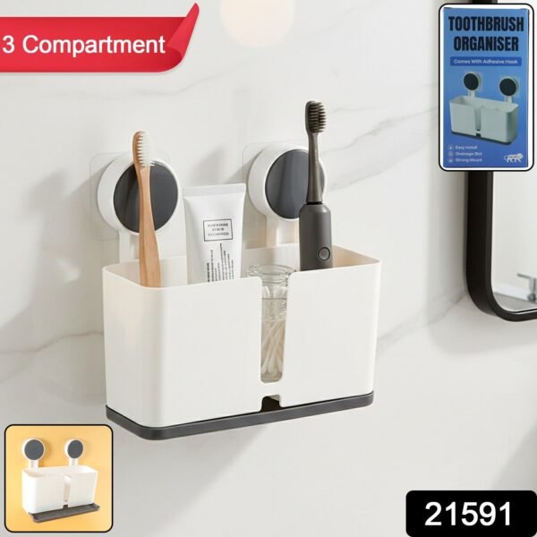 Wall Mounted 3 Compartment Toothbrush Holder with Adhesive Installation (1 Pc)