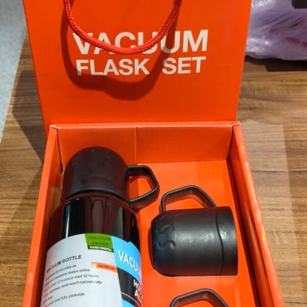 Black Vacuum Flask Set – Stainless Steel Thermos with 3 Cups, Approx 500ml