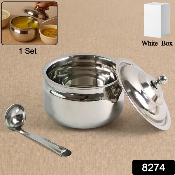 7446b02b-b7dd-48fd-8f77-13b5de604447.jpg Premium Stainless Steel Ghee Pot (1 Set)
