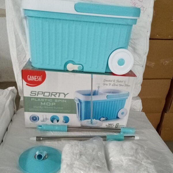 Sporty Plastic Spin Mop with Bigger Wheels & Auto Fold Handle for 360° Cleaning