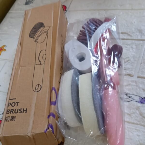 Mix Color Dish Scrubber with Soap Dispenser, Soap Dispensing Dish Brush Set, Dishwashing Brushes Kitchen Scrub Dish Wand for Dishes Sink Pot Pan Cleaning and Washing,1 Handle,3Refill Replacement Head