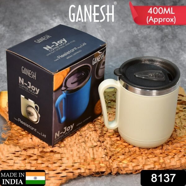 Ganesh Stainless Steel Coffee Mug with heat resistant mug lid. Approx 400Ml mug
