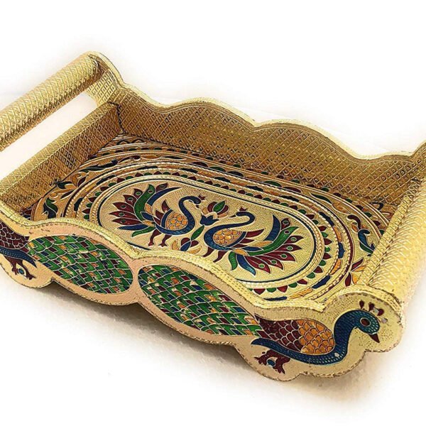 Peacock Design Glass with Handle and Handicraft Serving Tray Set
