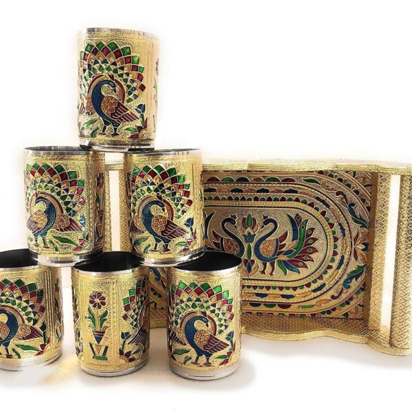 Peacock Design Glass with Handle and Handicraft Serving Tray Set