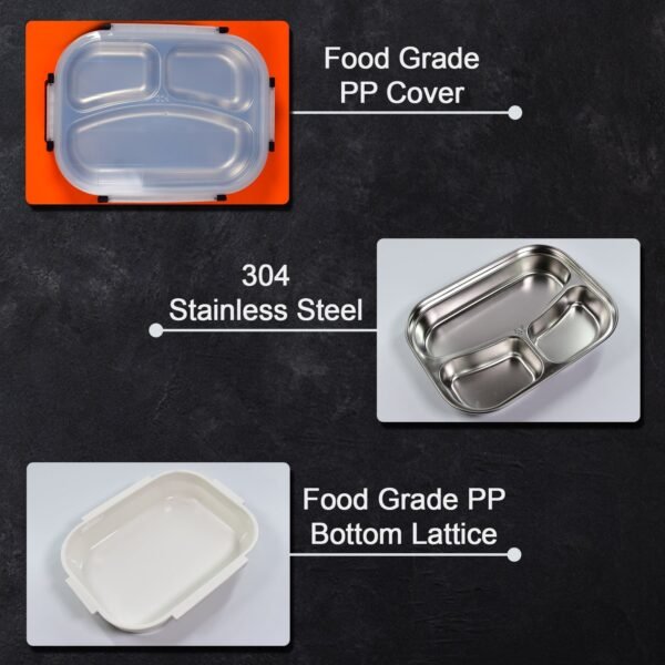 White Transparent Lunch Box – Stainless Steel with 3 Compartments for Kids & Adults