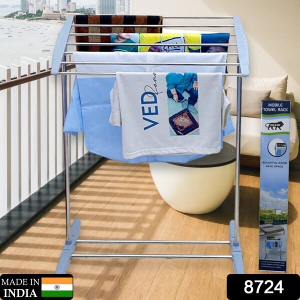 9030f167-477a-48ce-a84e-ddea8a0ce811.jpg Multi-Functional Single Tier Mobile Towel Foldable Rack for Cloth and Towel / Stainless Steel and Plastic Made Mobile Towel and Cloth Rack Holder Indoor / Outdoor Standing Movable Cloth Dryer Rack, Balcony Cloth Drying Stand
