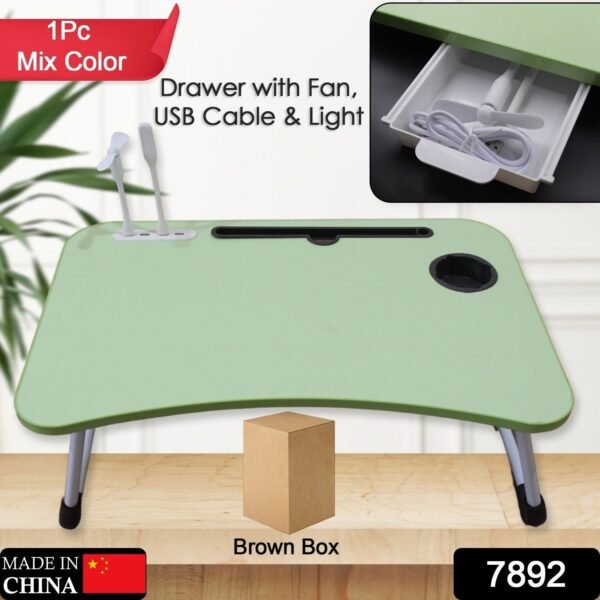91371967-e6ba-449f-bc22-e94ab661f0aa.jpg MultiPurpose Study Table Foldable Portable Notebook Bed Lap Desk Tray Stand Reading Holder with Coffee Cup Slot, Drawer, Fan, USB Cable & Light for Breakfast, Reading & Movie Watching (1 Pc Mix Color)