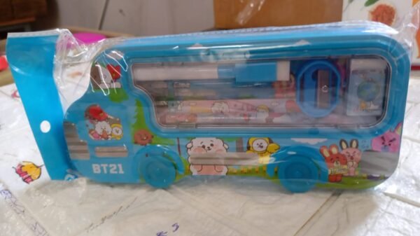 9149dde4-0b3f-4077-ad2f-e35ae91805f8_0c8f7793-a434-48e2-b342-e49ea7cc579e.jpg Bus Shape Compass Box for Boys, Kids School Accessories | Pencil Box with Wheels for Girls and Kids, String Operated Case Students School Supplies - Stationery Set Organizer Birthday Return Gift for Kids