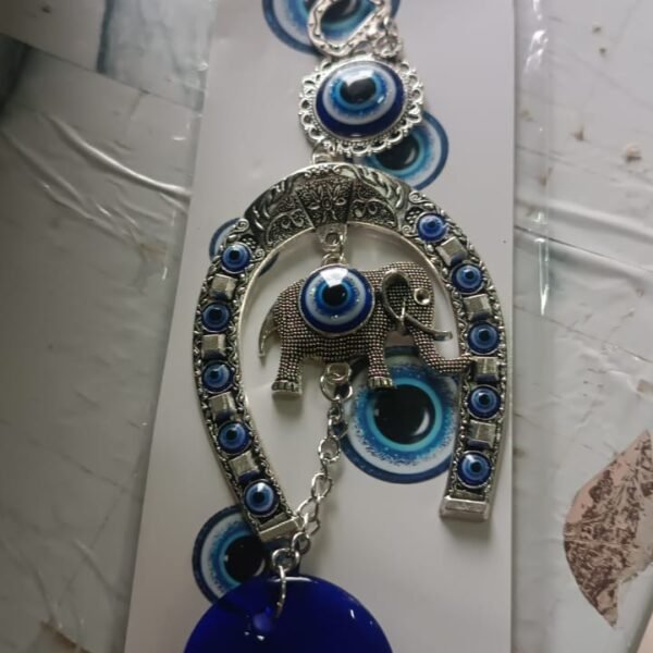 Decorative Evil Eye Hanging with Elephant and Horseshoe Motif, Wind Chime (1 Pc)