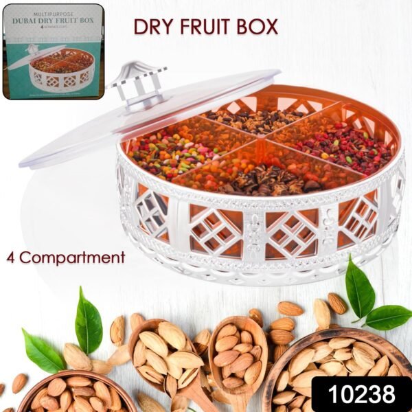94bcfa10-8a72-4361-9072-50fa3cbfce4c.jpg Multipurpose Dry Fruit Box 4 Section Dry Fruit Round Silver Gift Box (1 Pc)