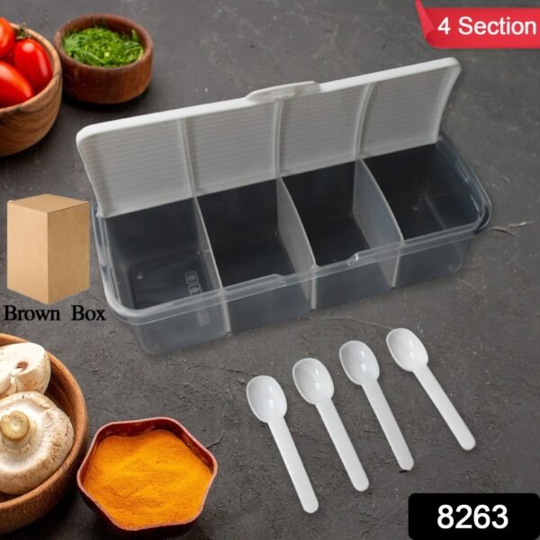 9a2b9b07-8b34-4575-b677-2a0d3c39efb9.jpg Kitchen Multipurpose Air-tight 4 Sections Storage Containers with 4 spoon (1 Pc )