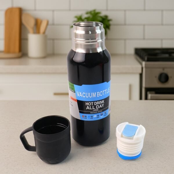 Black Vacuum Flask Set – Stainless Steel Thermos with 3 Cups, Approx 500ml