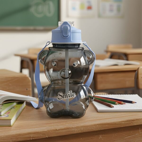 Bottle-04_a6b8d7f6-d411-461a-8ad2-075562f1f480.jpg Kids Cartoon Bear Water Bottle with Straw & Shoulder Strap (1 Pc)
