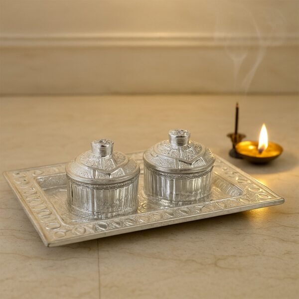 Silver-Finish Pooja Kumkum Box Tray - (1 Pc)