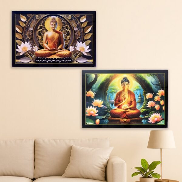 Decorative Lord Buddha Wall Painting Wooden Frame Mix Design, 45x30 Cm Approx (1 Pc)