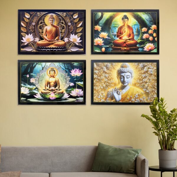 Decorative Lord Buddha Wall Painting Wooden Frame Mix Design, 45x30 Cm Approx (1 Pc)
