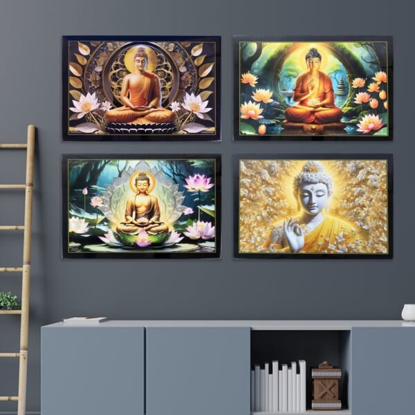 Decorative Lord Buddha Wall Painting Wooden Frame Mix Design, 45x30 Cm Approx (1 Pc)