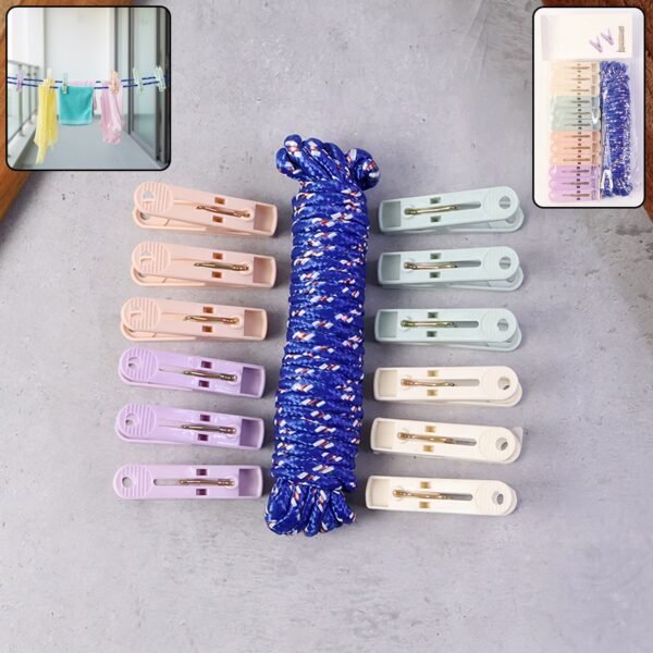 Clothesline Rope 12 Clips – 5 Meter Approx Heavy Duty Laundry Drying Rope with Clip