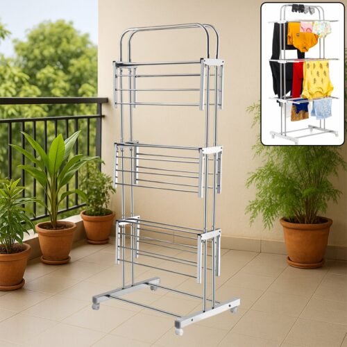 Clothes-Drying-Stand-01.jpg 3 Layer Foldable Stainless Steel Cloth Drying Stand with Wheels