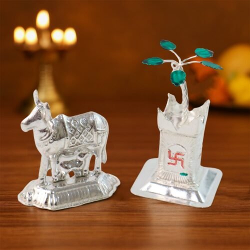 Silver-Plated Kamdhenu Cow & Tulsi Plant Pair – Pooja & Home Décor