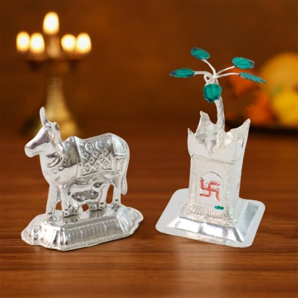 Cow-And-Tulsi-01.jpg Silver-Plated Kamdhenu Cow & Tulsi Plant Pair – Pooja & Home Décor