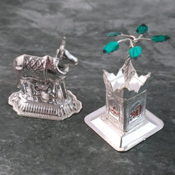 Cow-And-Tulsi-03.jpg Silver-Plated Kamdhenu Cow & Tulsi Plant Pair – Pooja & Home Décor