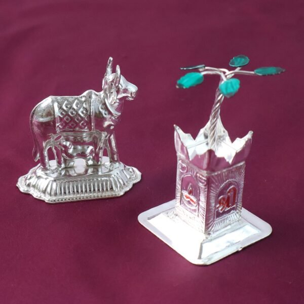 Cow-And-Tulsi-10.jpg Silver-Plated Kamdhenu Cow & Tulsi Plant Pair – Pooja & Home Décor