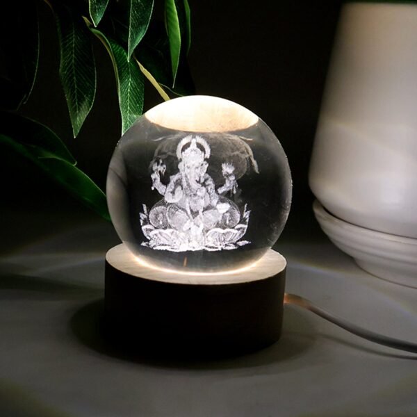 Ganpati 3D Crystal Ball lamps With Wood Base