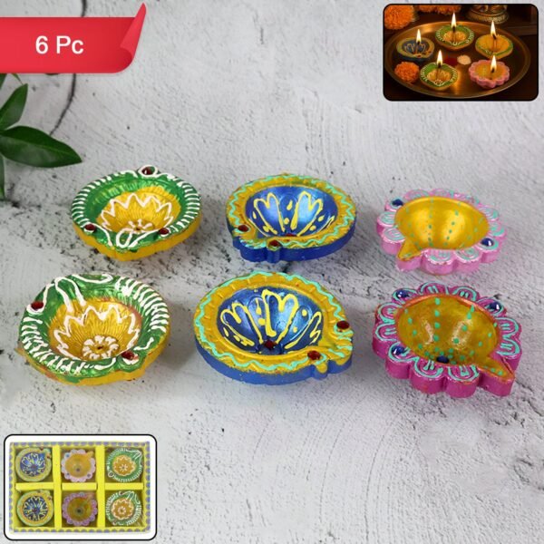 Decorative Hand-Painted Clay Diya Set (6 Pc)