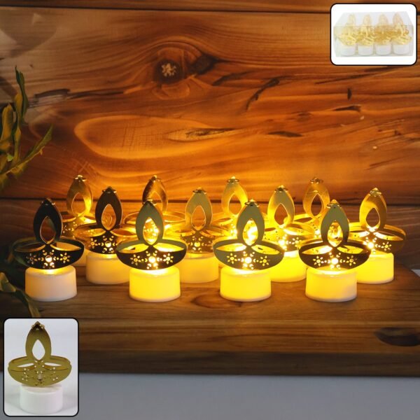 Diyalight-WOSKU-01.jpg Golden Diya Shaped LED Tealight Candles (12 Pc)