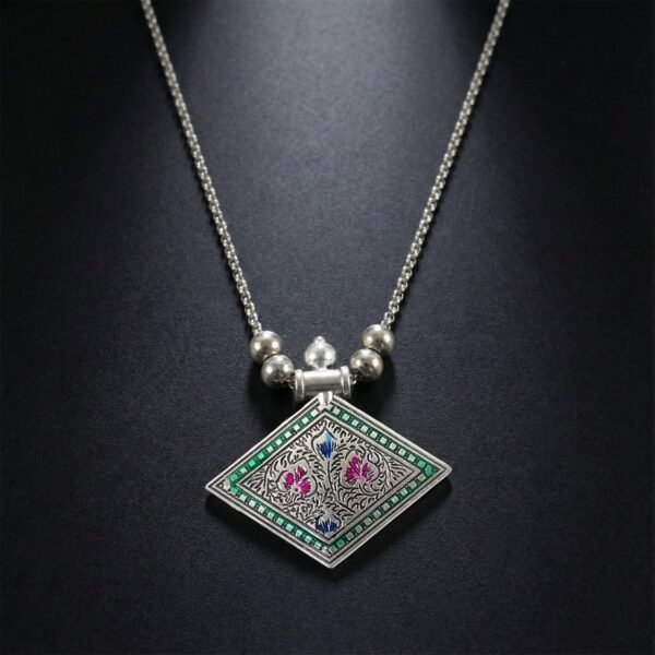 Traditional Square Motif Oxidised Silver Finish Pendant Necklace (1 Pc)