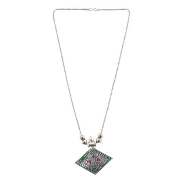 Traditional Square Motif Oxidised Silver Finish Pendant Necklace (1 Pc)