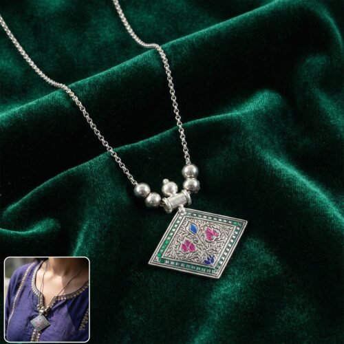 EthnicPendantNecklace-WOSKU-01.jpg Traditional Square Motif Oxidised Silver Finish Pendant Necklace (1 Pc)