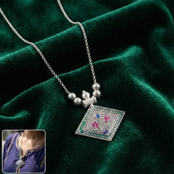 Traditional Square Motif Oxidised Silver Finish Pendant Necklace (1 Pc)
