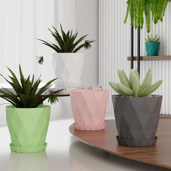 Flower-Pots-02.jpg Diamond Design Plastic Flower Pot Set with Drain Tray (5 Pc)
