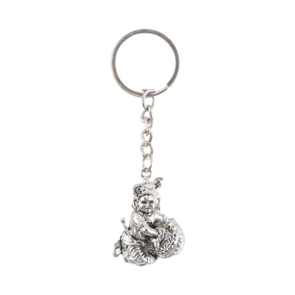 Premium Silver-Finish Metal Bal Krishna Eating Makhan Keychain (1 Pc)
