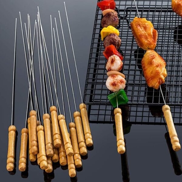 KebabSkewers-05.jpg Barbecue Skewers for BBQ Tandoor and Gril with Wooden Handle - Pack of 12