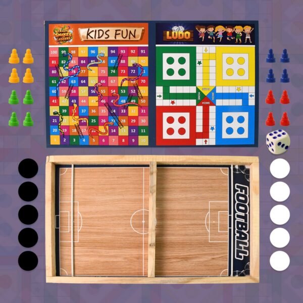 Wooden Board Game Set – Ludo, Snakes & Ladders, and Desktop Football (3-in-1)