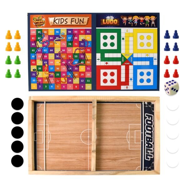 Wooden Board Game Set – Ludo, Snakes & Ladders, and Desktop Football (3-in-1)