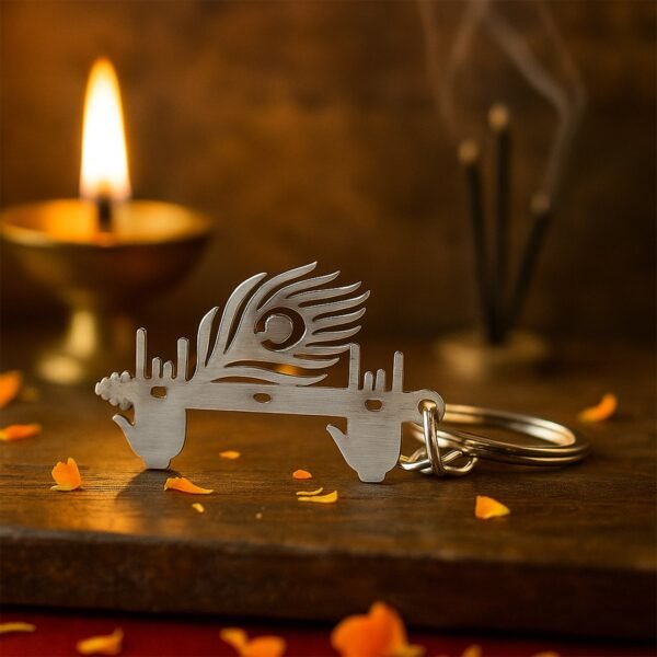 KrishnaKeychain-02.jpg Krishna Flute & Peacock Feather Metal Keychain - (1 Pc)