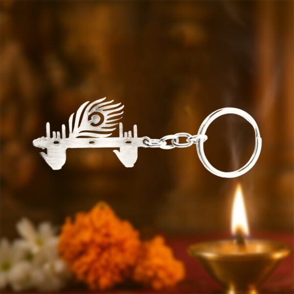 KrishnaKeychain-03.jpg Krishna Flute & Peacock Feather Metal Keychain - (1 Pc)