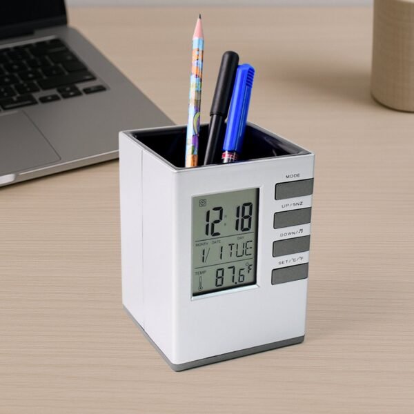 LED-Desk-Clock_-Alarm-Clock-08.jpg Multifunction Cube Digital Desk Clock with Pen Holder (1 Pc)
