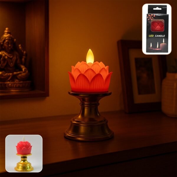 Premium Lotus Shaped LED Flameless Candle with Decorative Holder (1 Pc)