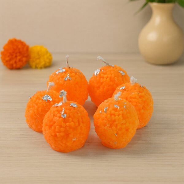 Set of 6 Laddu-Shaped Wax Candles with Silver Leaf Decoration