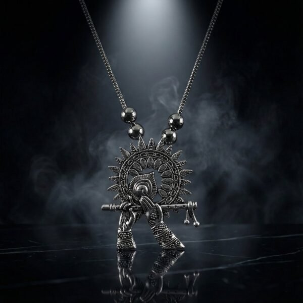Nackless-01.jpg Oxidised Silver Finish Krishna Flute Pendant Necklace (1 Pc)
