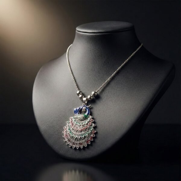 Nackless-02_e1bb764d-5e7b-4773-820f-be460c6a8881.jpg Antique Silver-Tone Peacock Design Oxidized Pendant Necklace (1 Pc)