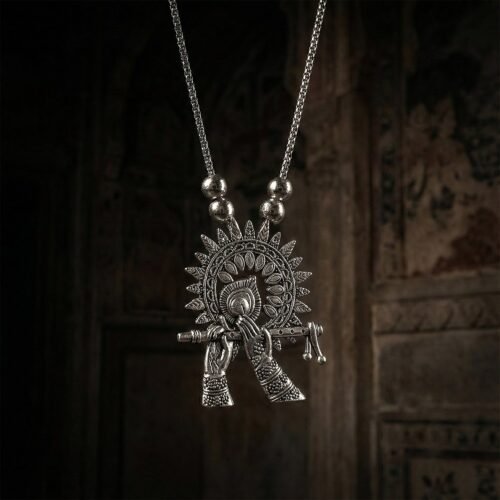 Nackless-04.jpg Oxidised Silver Finish Krishna Flute Pendant Necklace (1 Pc)
