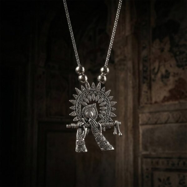 Nackless-04.jpg Oxidised Silver Finish Krishna Flute Pendant Necklace (1 Pc)