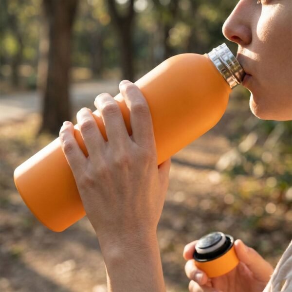OrangeWaterBottle-03.jpg Stainless Steel Double Wall Vacuum-Insulated Drink Water (Orange / 500 ML Approx)